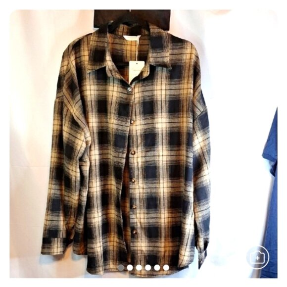 Plaid Flannel Button Down Shirt in Black and Tan - Picture 1 of 5